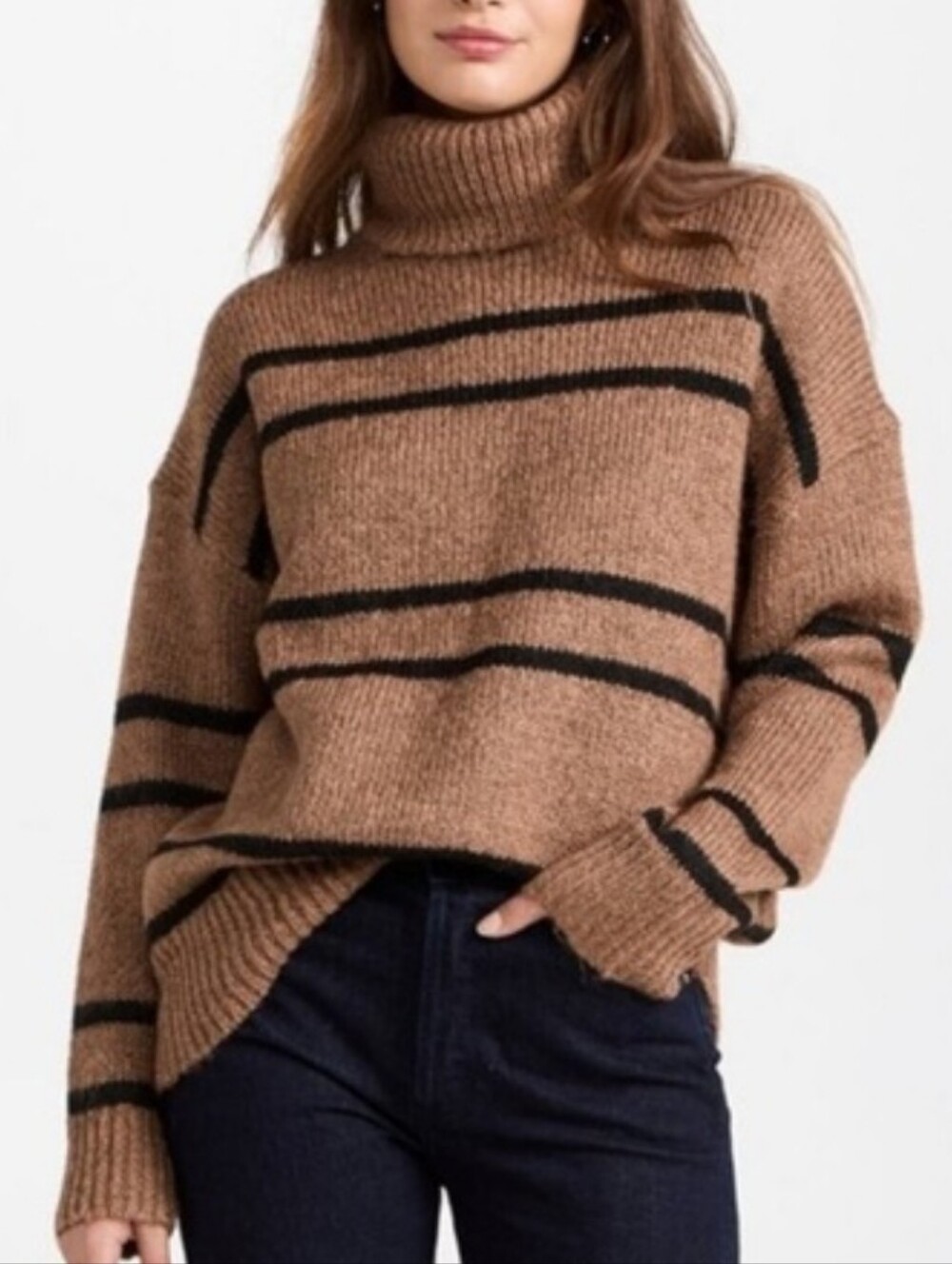 Line & Dot Veronica Stripe Turtleneck Pullover Sweater Size S Ribbed Brown Black